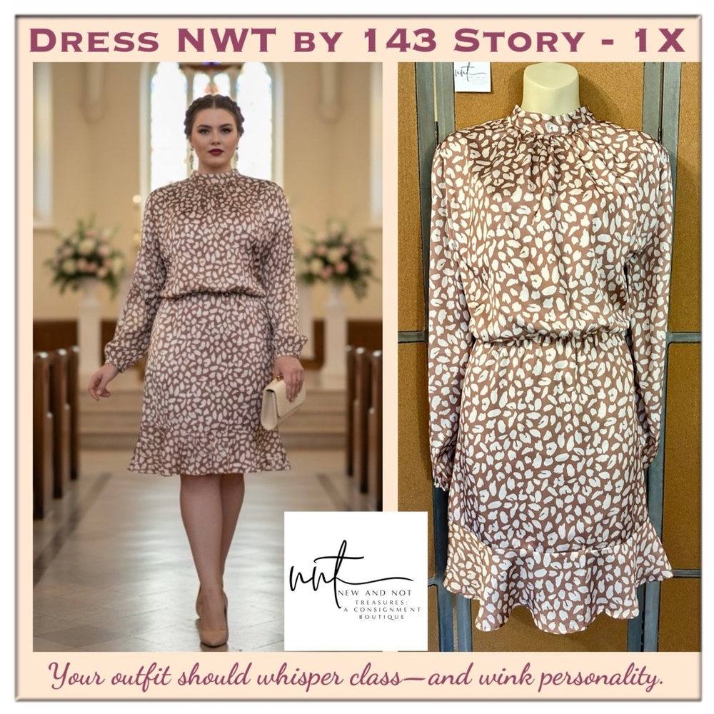 NWT 143 Story By Line Up Camel Ivory Satin Animal Print Dress 1X Ruffle Hem